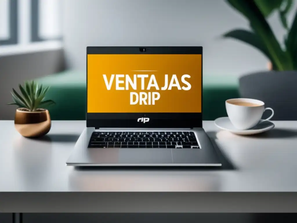 Espacio de trabajo moderno y profesional con Drip Laptop minimalista con logo Drip en pantalla, libros de marketing afiliado y cuaderno con