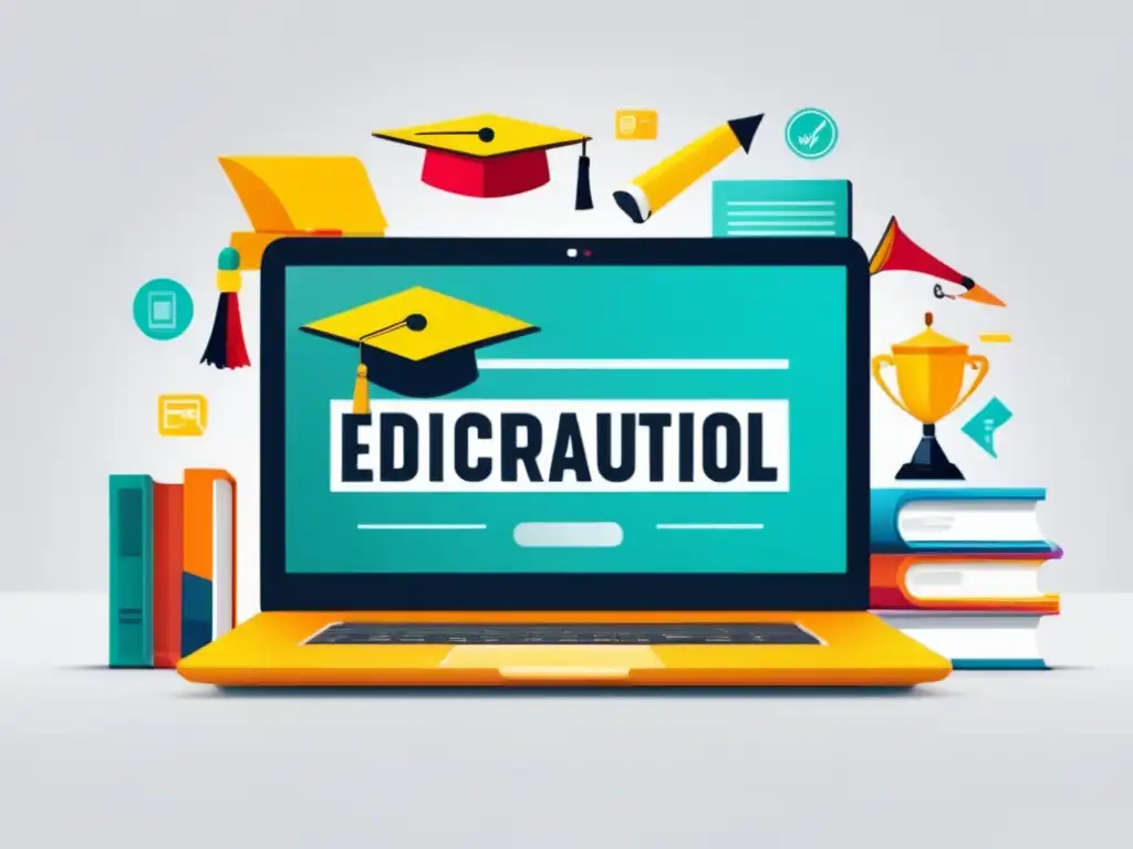 Laptop educativo con iconos vibrantes Laptop moderno con diseño elegante y gráfico vibrante de iconos educativos en fondo blanco