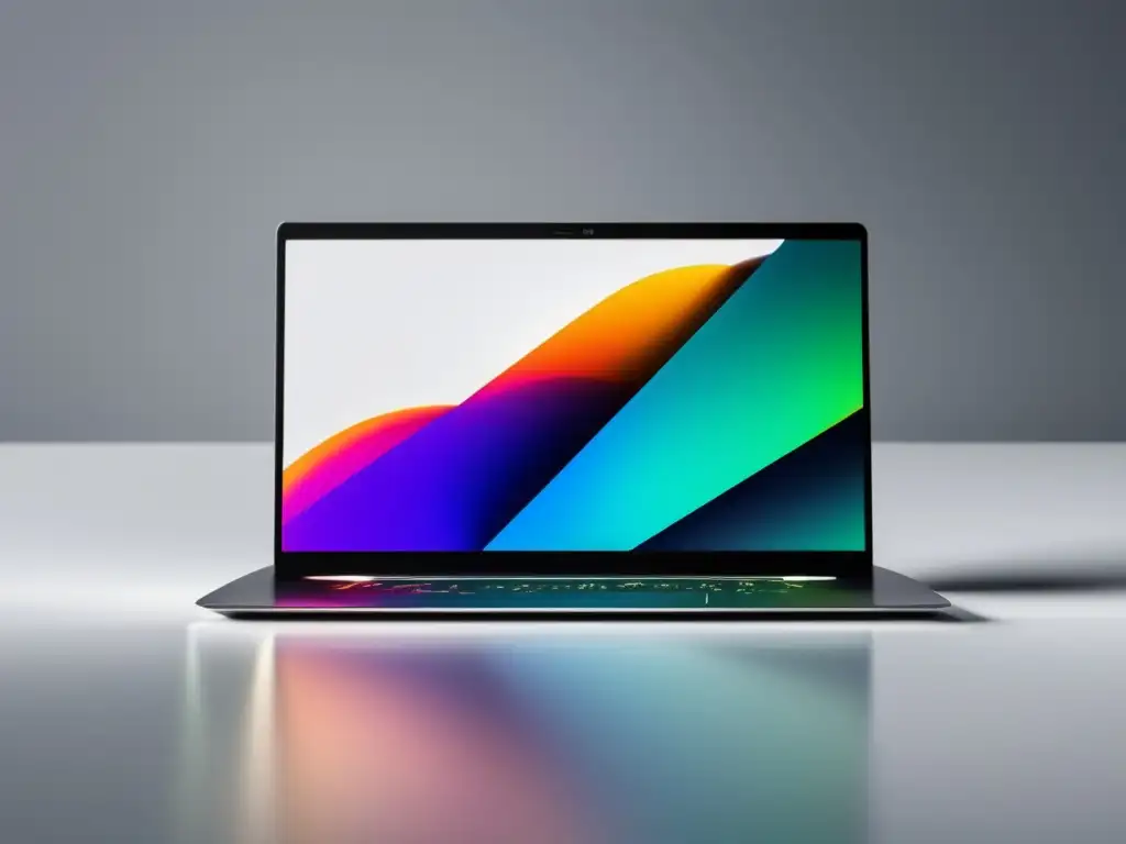 Laptop minimalista con imagen de escala equilibrada Laptop minimalista en superficie blanca con imagen llamativa de una balanza simbolizando la ética y regulaciones legales en marketing de afiliados
