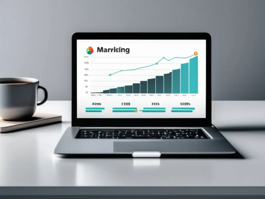 Escritorio profesional con laptop y gráfico de ingresos Laptop en escritorio blanco con gráfica de ingresos de 6 cifras por marketing de afiliados
