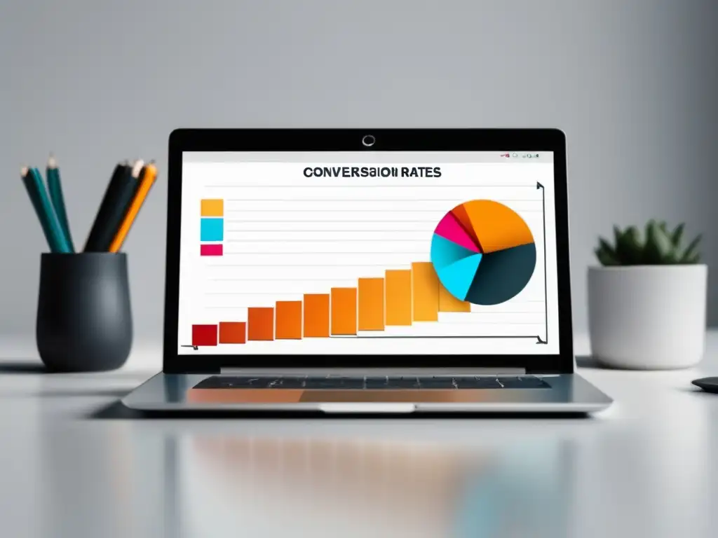 Laptop moderno en escritorio blanco con gráfico de conversiones exitosas Laptop moderno en escritorio blanco con gráfico de conversiones exitosas, enfocando en casos de éxito en marketing de afiliados
