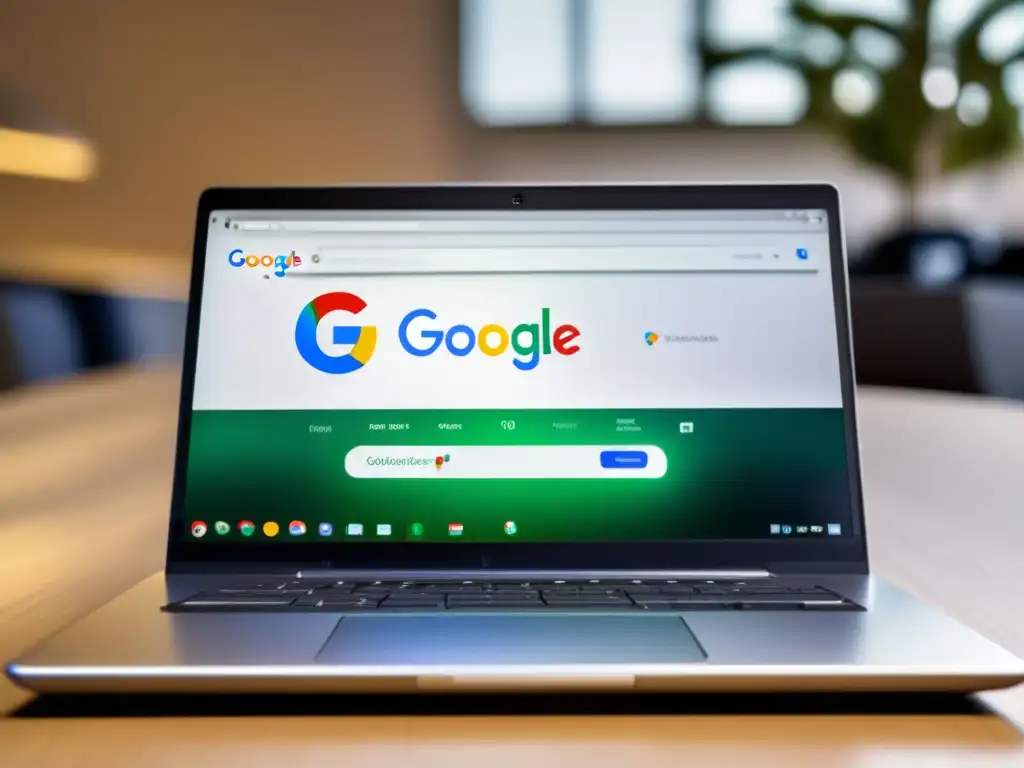 Laptop Google con resultados de búsqueda destacados Laptop moderno muestra resultados y cambios en algoritmos de Google