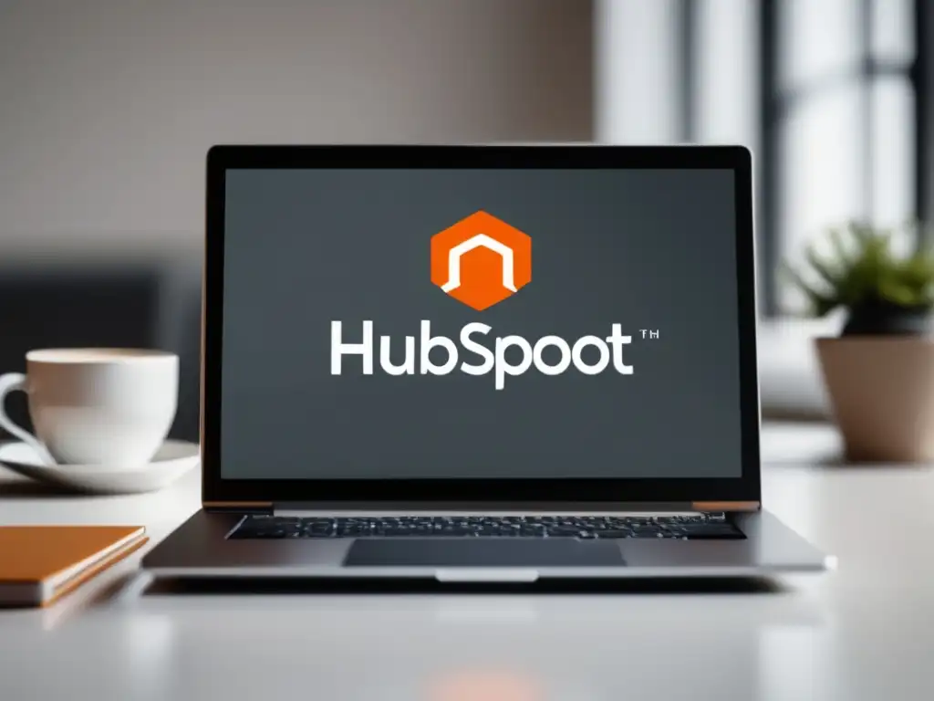 Trabaja con HubSpot en un entorno profesional Laptop moderno con logo de HubSpot en pantalla, programa de afiliados de HubSpot en un espacio profesional y organizado