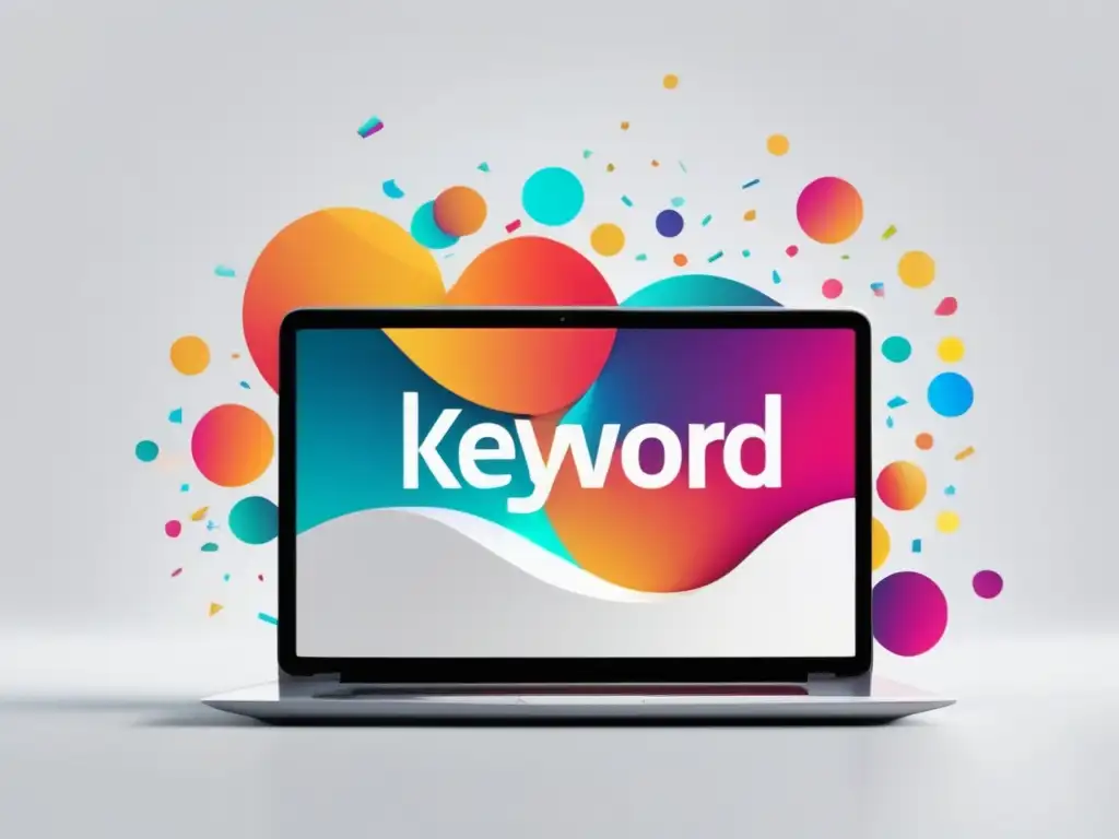 Laptop con etiquetas de palabras clave vibrantes Laptop con pantalla vibrante y palabras clave flotando, estrategias de contenido para marketing de afiliados