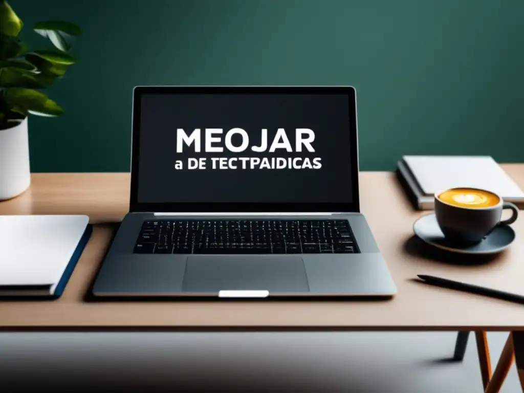 Laptop moderno en escritorio minimalista Laptop moderno en un escritorio minimalista con metadescripciones de marketing de afiliados