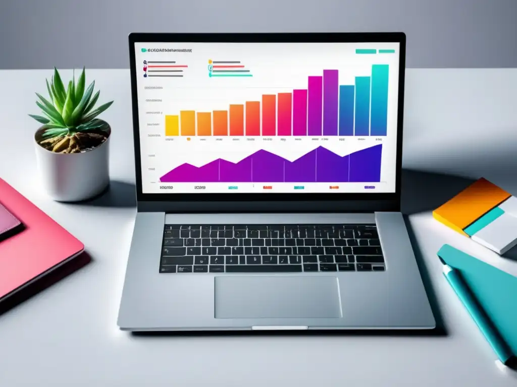 Laptop moderno con gráfico de crecimiento Laptop moderno muestra gráfico de crecimiento y estrategias para optimizar contenido en marketing de afiliados