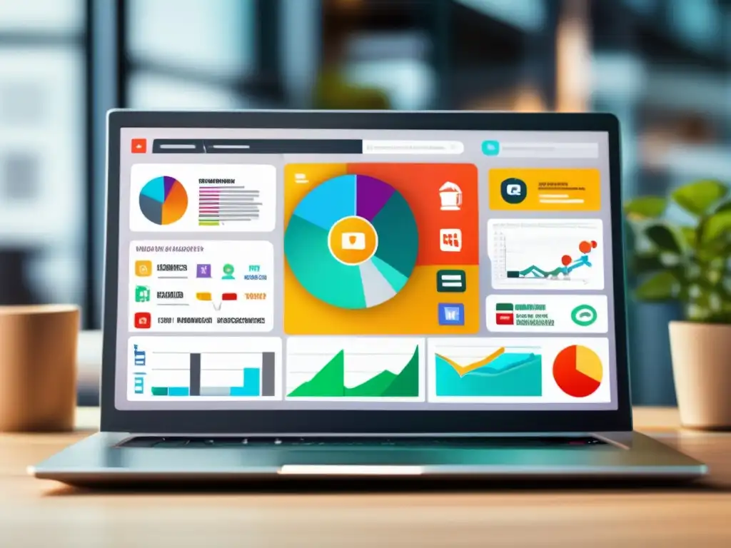 Laptop con pantalla de marketing Laptop moderno con pantalla vibrante que muestra estrategias efectivas de marketing de afiliados