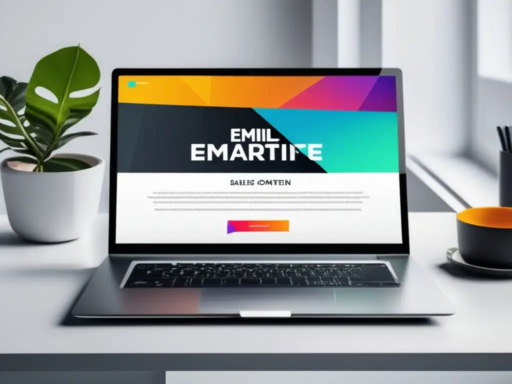 Estrategia exitosa de marketing de afiliación Imagen de laptop minimalista en escritorio blanco con estrategia de marketing de afiliados exitosa