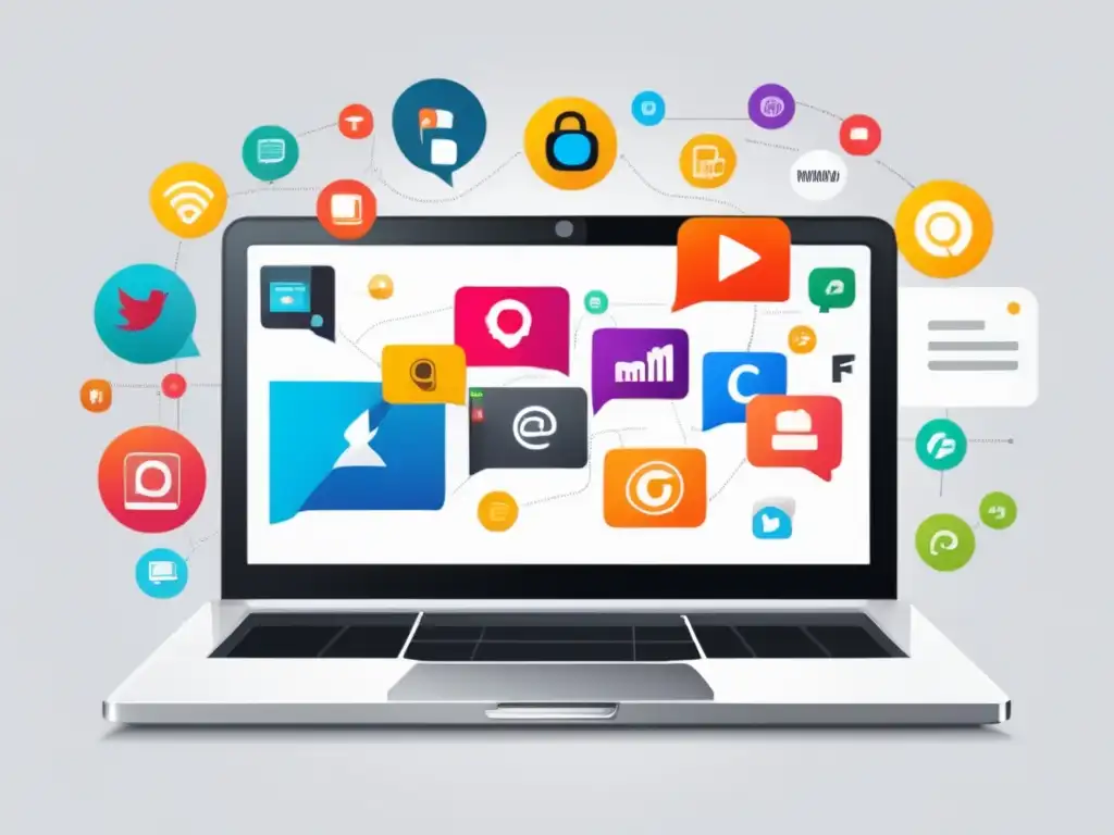 Laptop moderno con iconos de marketing Laptop moderno con diseño elegante y pantalla que muestra gráficos vibrantes de iconos interconectados, representando estrategias de marketing de afiliados como promoción en redes sociales, email marketing, creación de contenido y optimización web