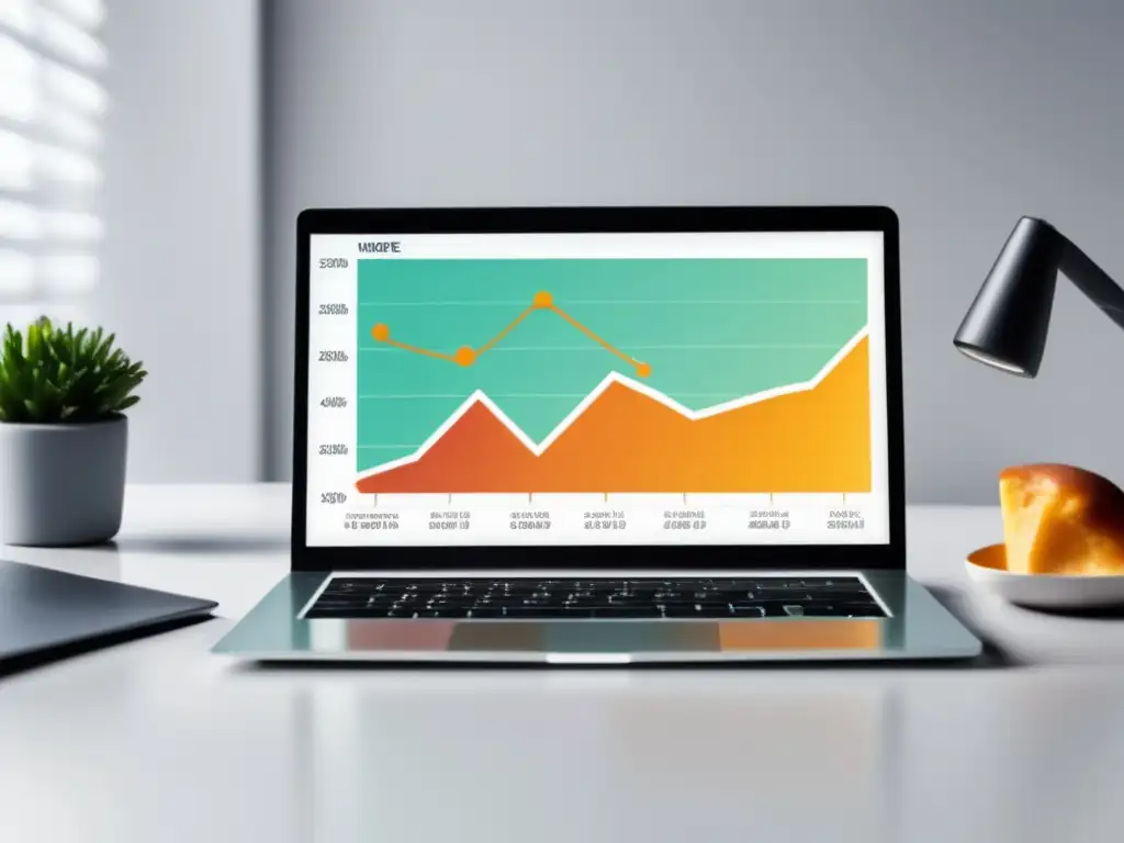 Laptop moderno con gráfico de ingresos Laptop moderno en escritorio blanco con gráfico de aumento de ingresos y tácticas de marketing de afiliados