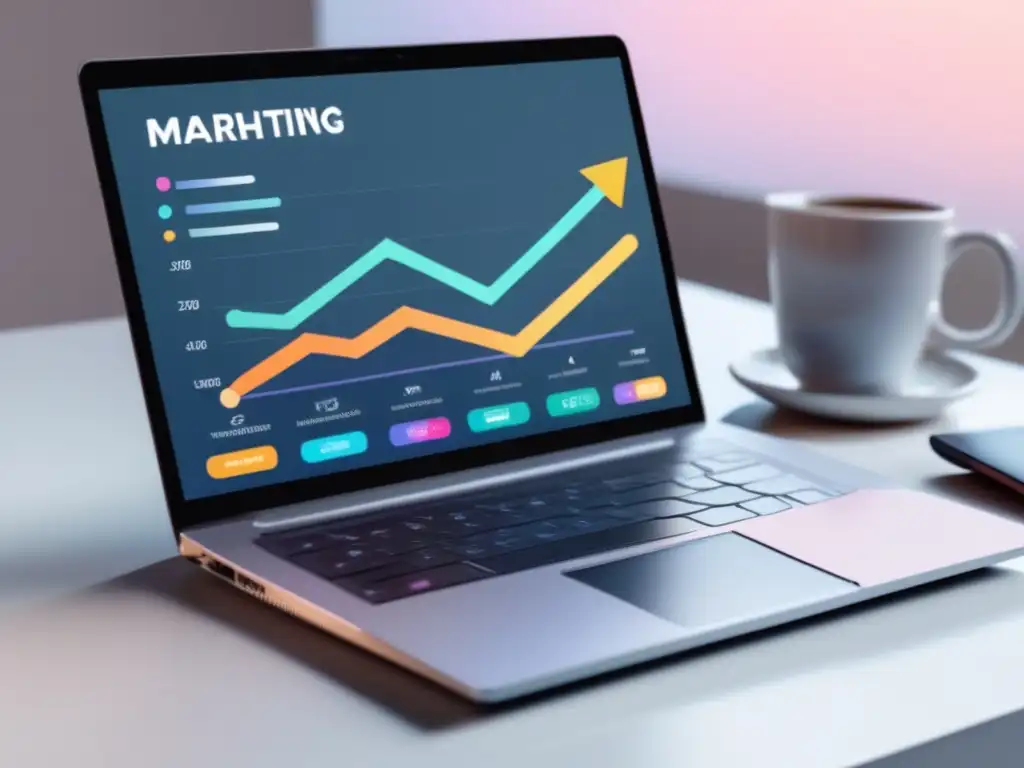 Laptop moderno con gráfico de ventas Laptop moderno en escritorio blanco con gráfico de ventas y softwares para aumentar ventas en marketing de afiliados