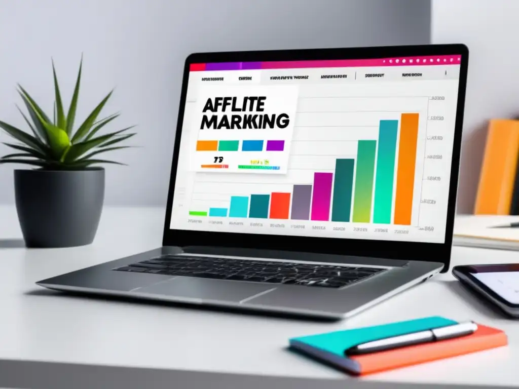 Laptop de marketing con gráfico de crecimiento Laptop en escritorio con herramientas de marketing, gráfica de crecimiento de ingresos de afiliados y vibrantes colores