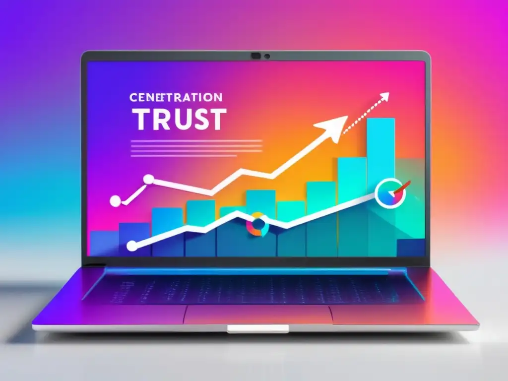 Laptop moderno con gráfico de confianza y estrategias de marketing Laptop moderno en escritorio blanco, gráfica de tendencia ascendente rodeada de íconos de estrategias de marketing, fondo de colores vibrantes