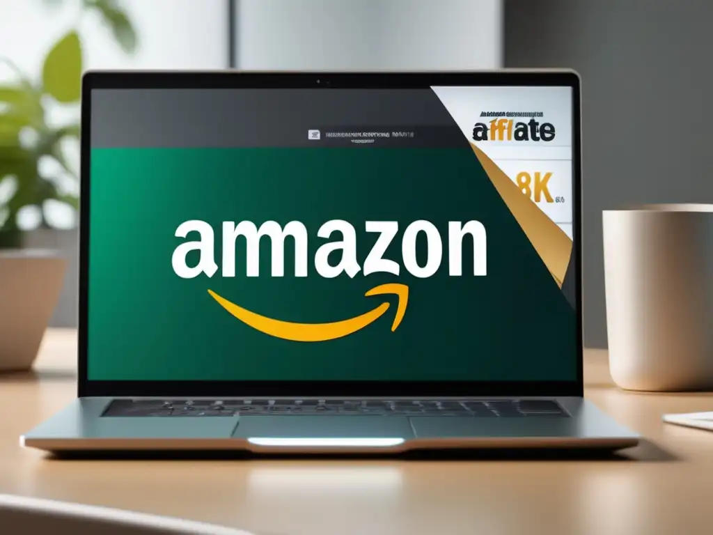 Laptop Amazon Affiliates: Ganancias y profesionalismo Laptop moderno con logo de Amazon Affiliates, beneficios del programa de afiliados de Amazon, dinero, notas y pluma