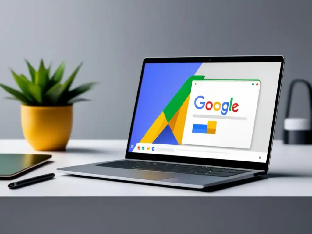 Laptop minimalista con logo Google Adsense Laptop minimalista con pantalla vibrante y logo de Google Adsense, ideal para ganancias en marketing de afiliados