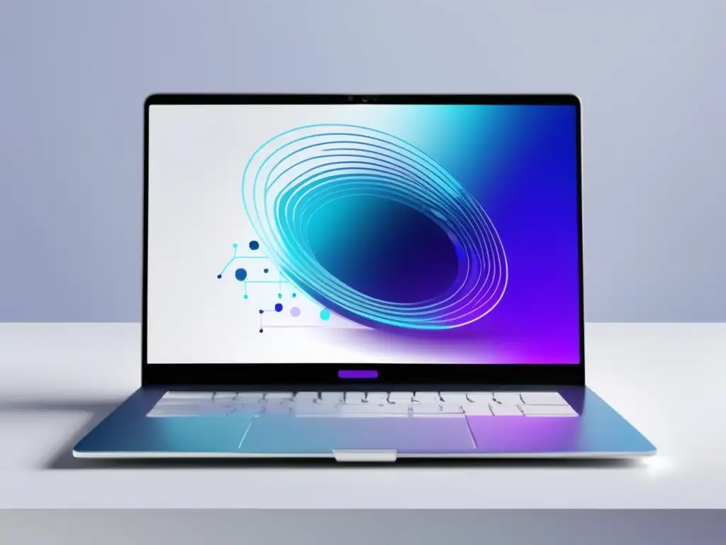 Laptop minimalista con arte digital abstracto sobre marketing de afiliados Laptop minimalista en un escritorio blanco con arte abstracto de marketing de afiliados en azules y morados