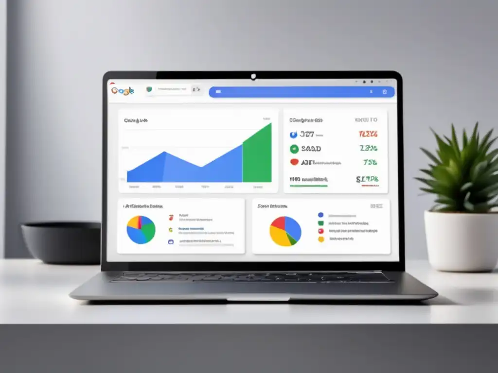 Laptop moderno con Google Ads Laptop en escritorio blanco con Google Ads mostrando estrategias de ventas de afiliados