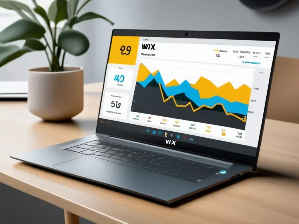 Laptop Wix afiliado, estadísticas y ganancias Laptop minimalista con logo de Wix en pantalla; programa de afiliados de Wix con estadísticas y ganancias