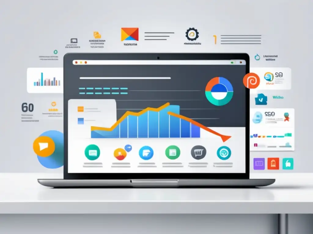 Laptop en escritorio con gráfica y estrategias de marketing digital Laptop en escritorio con gráfico de tráfico web y estrategias para ganar dinero online a través del marketing de afiliados