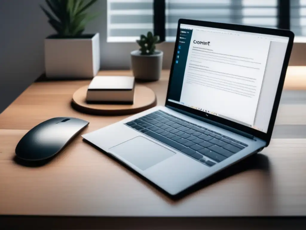 Espacio de trabajo minimalista con laptop Laptop en un escritorio de madera con ambiente minimalista, ideal para estrategias de marketing de afiliados