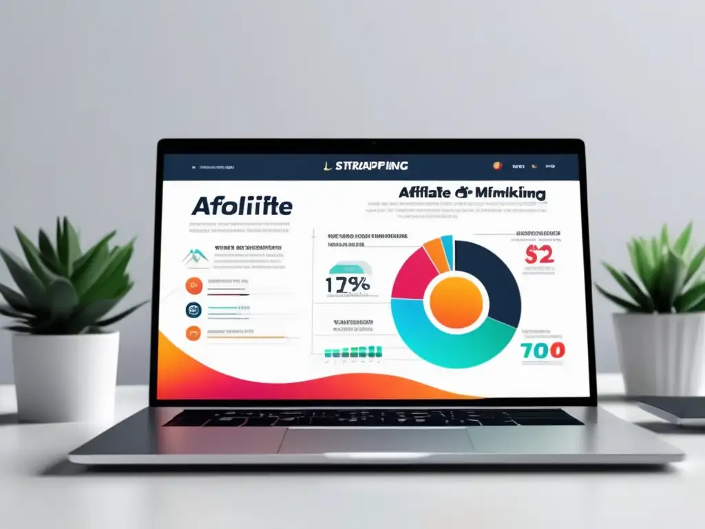 Laptop moderno con infografía vibrante de marketing de afiliados Laptop en escritorio blanco mostrando estrategias de marketing de afiliados efectivas