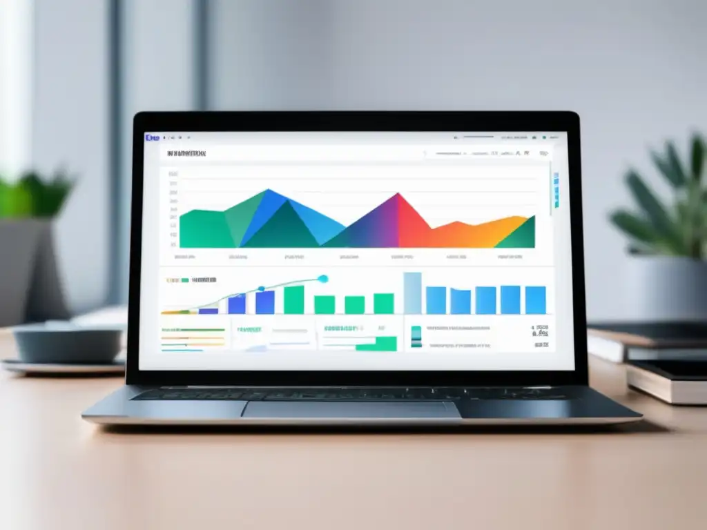Laptop de afiliados con datos y métricas en pantalla Laptop minimalista con pantalla vibrante mostrando métricas y datos de marketing de afiliados