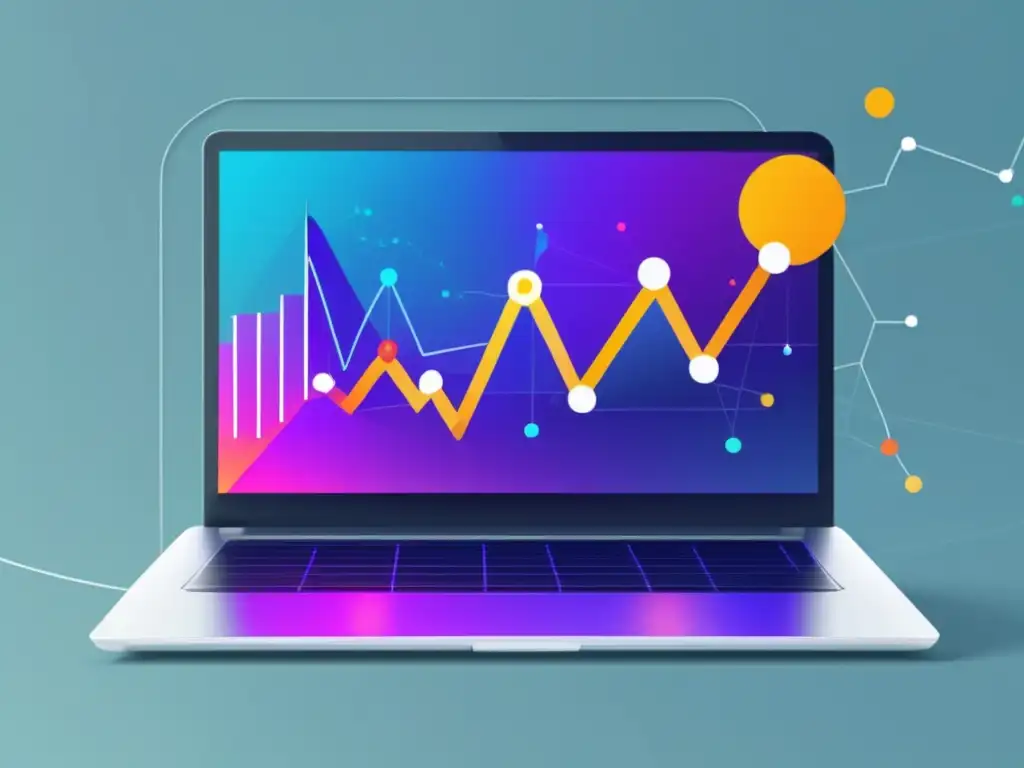 Laptop moderno y minimalista con gráfico vibrante de marketing de afiliados Laptop moderno y minimalista con gráfica dinámica y fondo vibrante - Herramientas de marketing de afiliados
