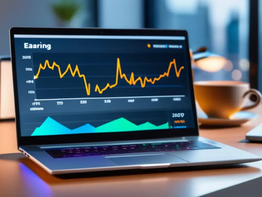 Laptop moderno con gráfica de ganancias de marketing de afiliados Laptop moderno con pantalla vibrante y gráfico de ganancias en marketing de afiliados