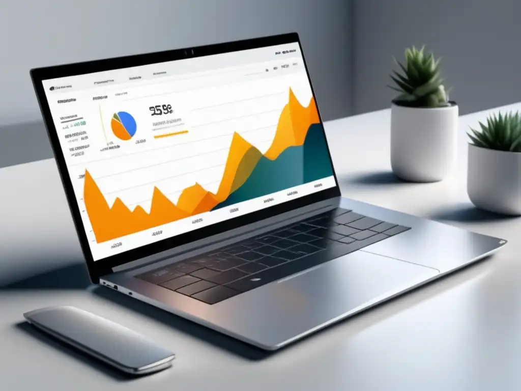 Laptop moderno en escritorio blanco con gráfico de crecimiento Laptop moderno en escritorio blanco con gráfico de crecimiento, pasos clave para multiplicar ingresos con marketing de afiliados