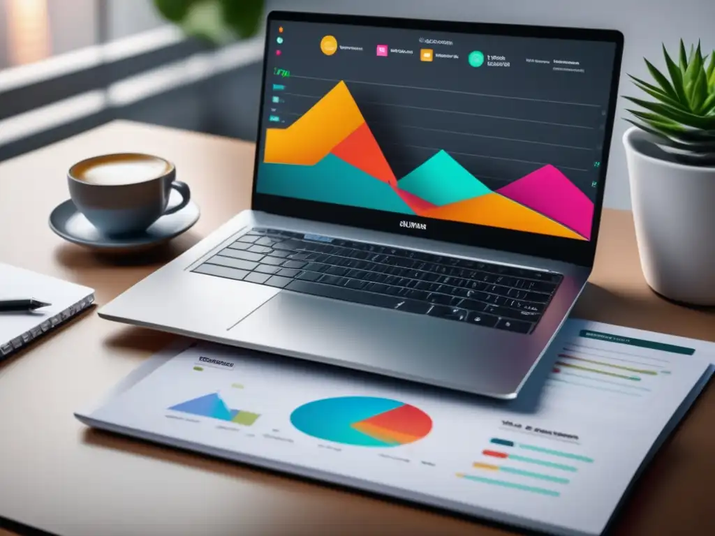 Escritorio profesional con laptop y gráficos Plataforma de afiliados con laptop moderno, dashboard y gráficos vibrantes que transmiten profesionalidad y eficiencia