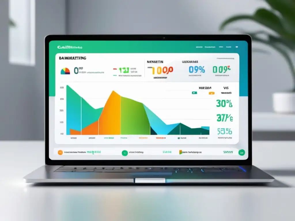 Laptop moderno con dashboard de marketing de afiliados Laptop moderno en un escritorio blanco con dashboard de marketing de afiliados