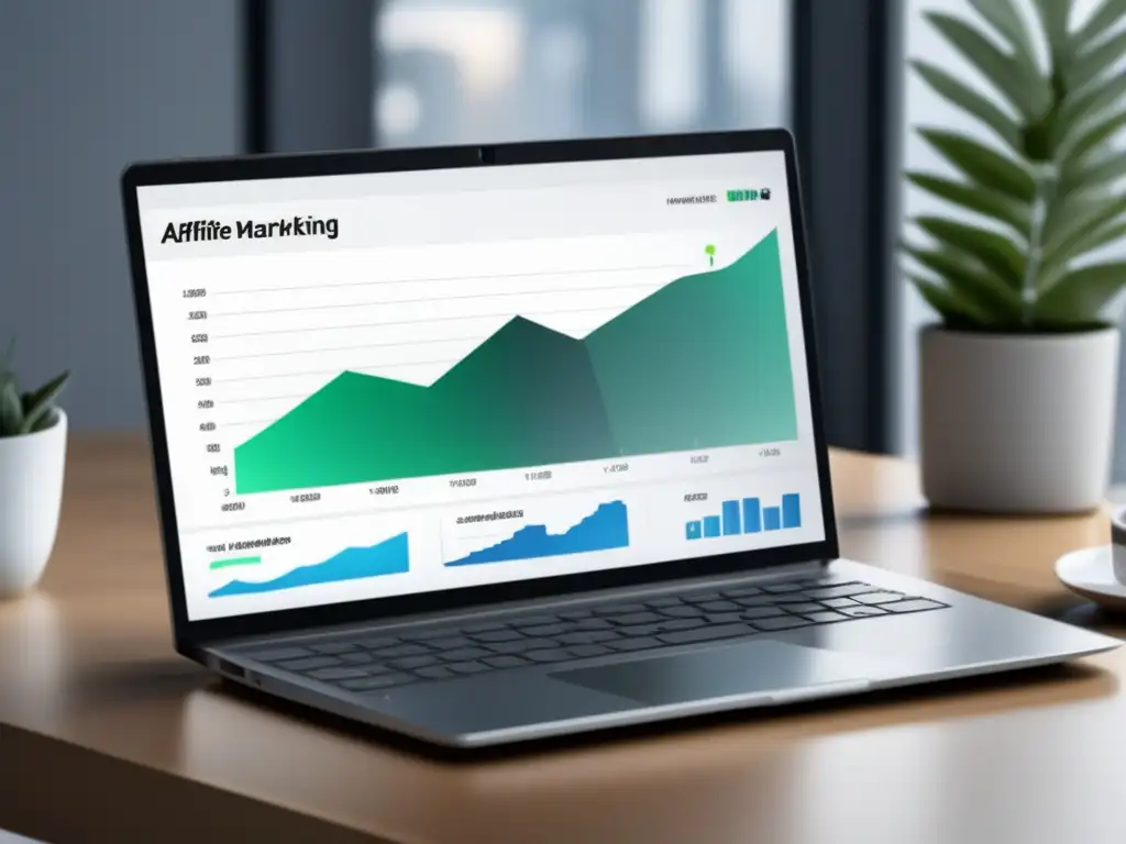 Laptop moderno en escritorio minimalista Laptop moderno en un escritorio limpio, gráfico de ganancias de marketing de afiliados