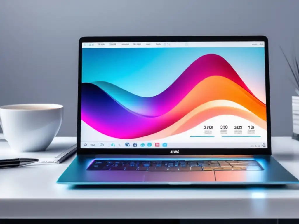 Laptop moderno en escritorio blanco con gráfico de éxito en pantalla Laptop moderno en un escritorio blanco con gráfico de tendencia ascendente, iluminación azul y suministros de oficina