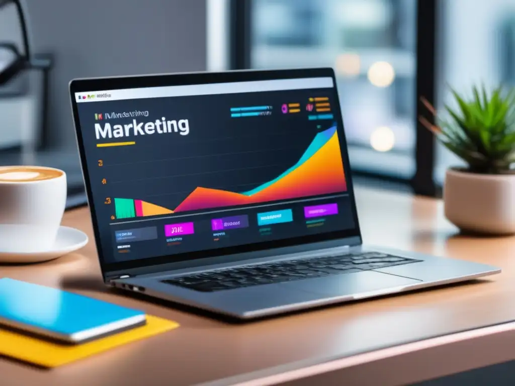 Laptop moderno en escritorio minimalista con dashboard de marketing de afiliados y elementos esenciales