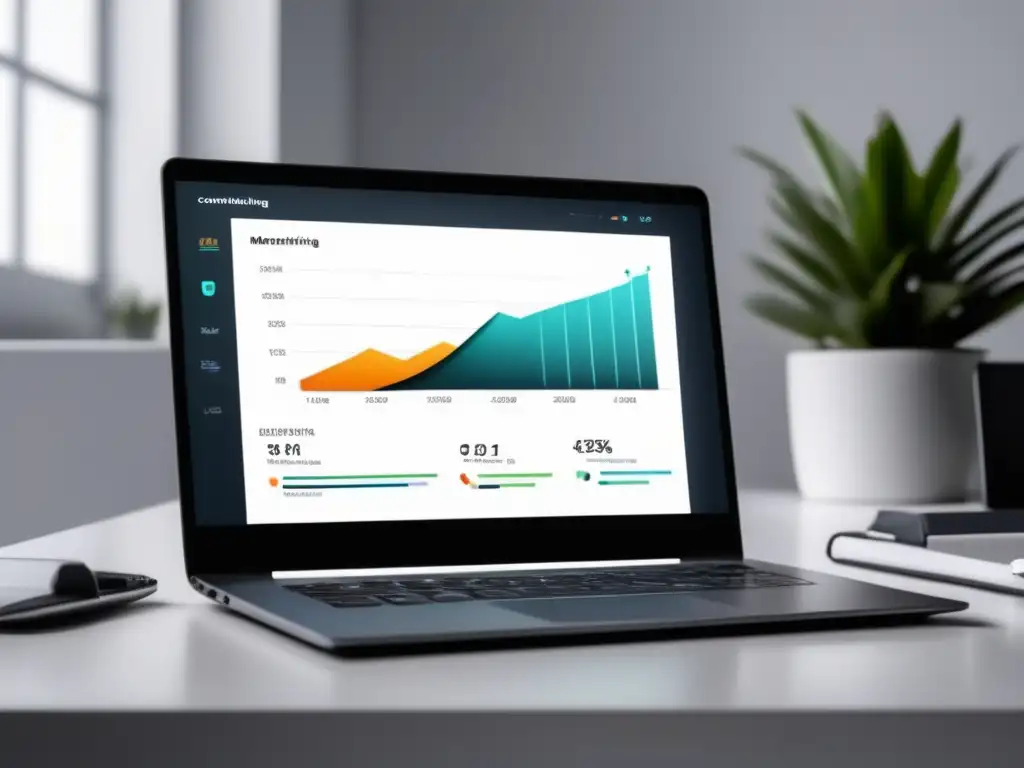 Laptop moderno en escritorio blanco con gráfico de conversiones y accesorios minimalistas