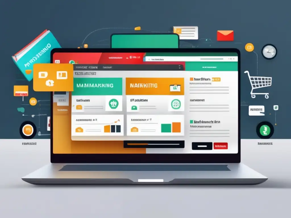 Laptop moderno muestra errores comunes en marketing de afiliados Laptop moderno con infografía: Mitos sobre el marketing de afiliados