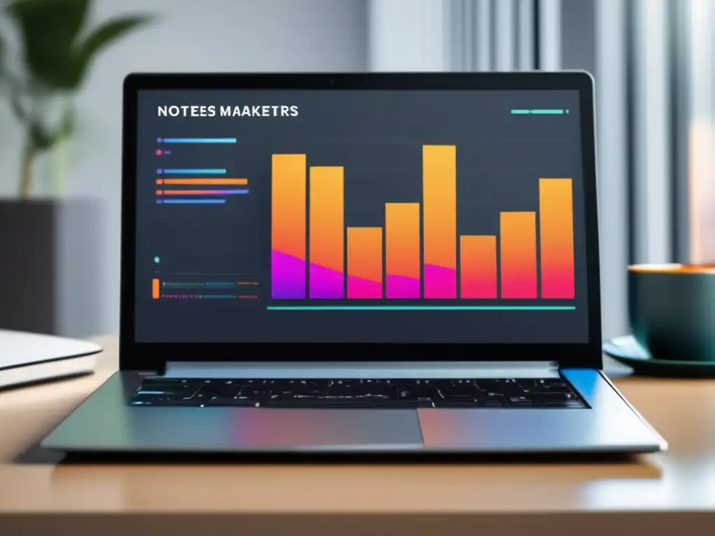 Laptop moderno y elegante en un escritorio minimalista con gráfico de éxito y elementos de marketing de afiliados