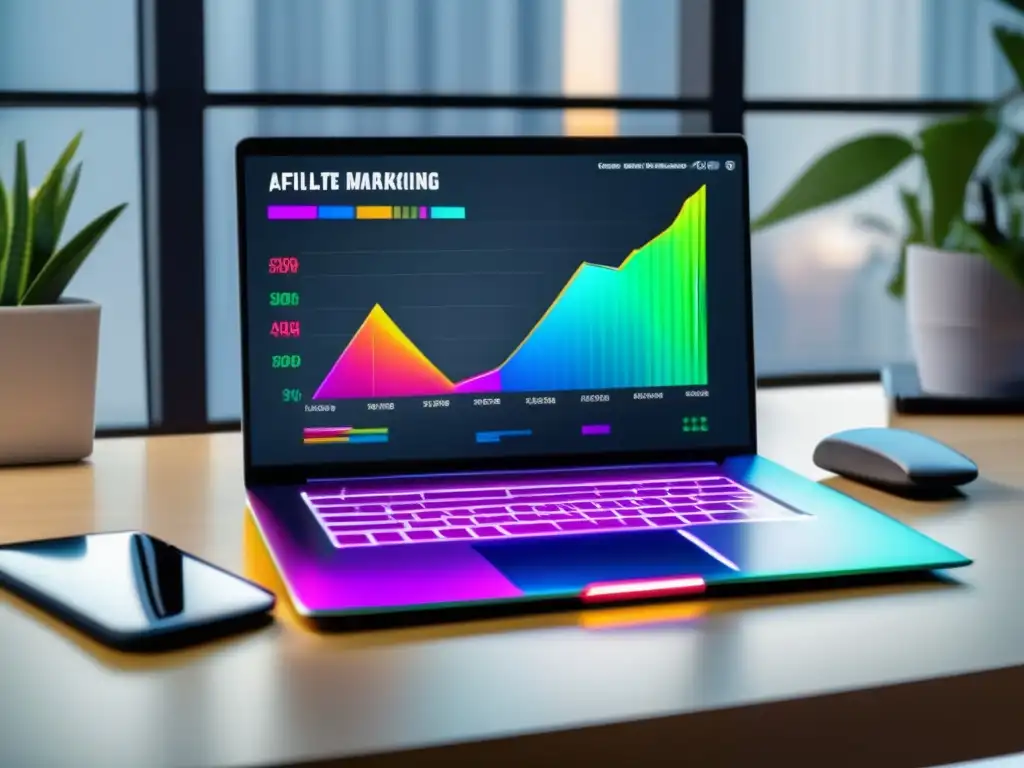 Laptop moderno con gráfico de ingresos de marketing de afiliados Laptop moderno en escritorio minimalista, gráfica vibrante con estrategias avanzadas para aumentar ingresos en marketing de afiliados