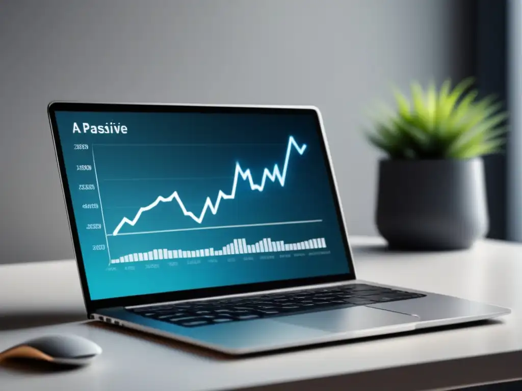 Laptop moderno generando ingresos pasivos Laptop en escritorio minimalista, gráfico de ingresos pasivos por marketing de afiliados