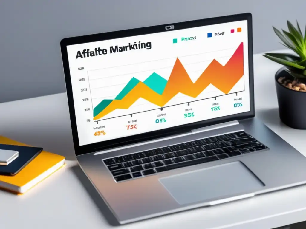 Laptop moderno en escritorio blanco: éxito en marketing de afiliados Laptop moderno con diseño minimalista y gráfico vibrante de estrategias probadas de marketing de afiliados