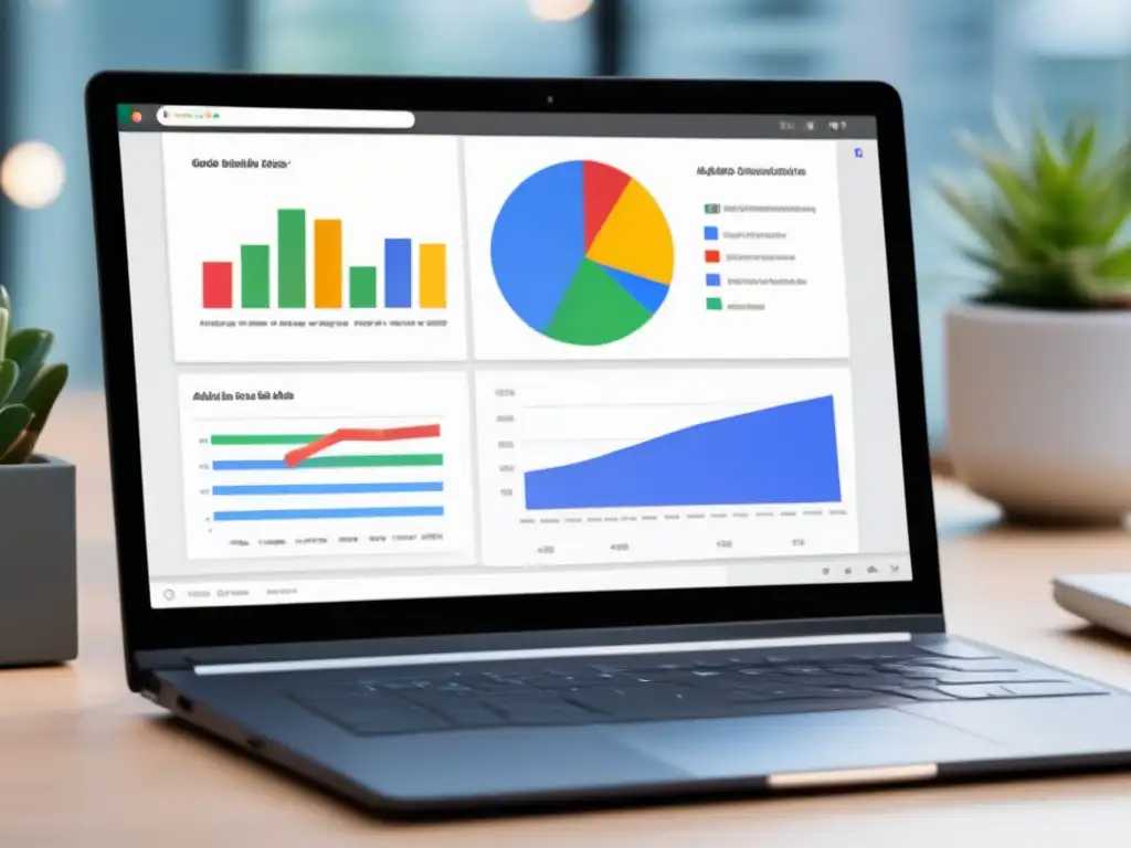 Laptop con Google Ads y métricas Estrategias de Google Ads para aumentar ventas de afiliados en laptop profesional y minimalista con dashboard colorido y efectivo