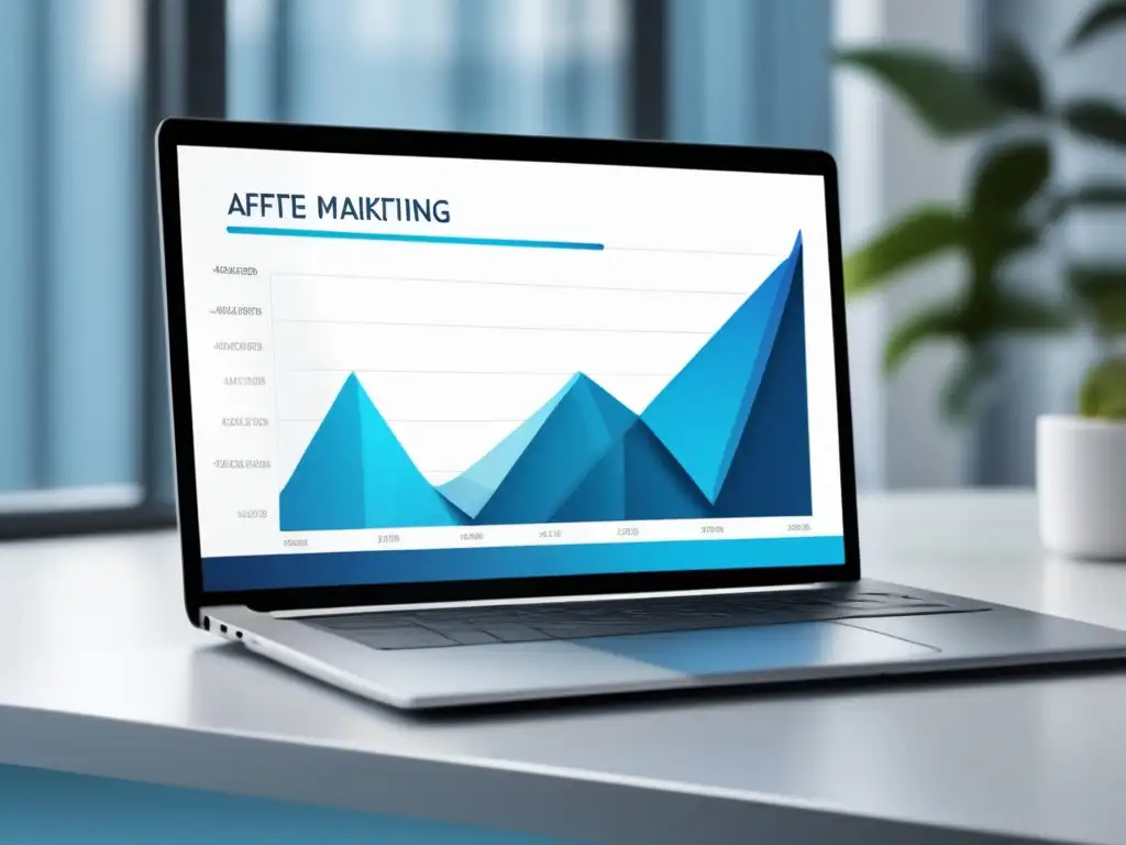 Laptop moderno con gráfico dinámico del marketing de afiliados Laptop moderno con diseño minimalista y gráfico de marketing de afiliados en tonos azules, en un entorno profesional