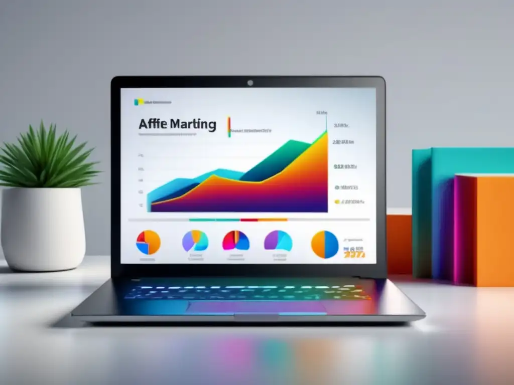 Laptop moderno con diseño minimalista y gráfico dinámico Laptop moderno y elegante con gráfico vibrante que representa programas de afiliados confiables y rentables