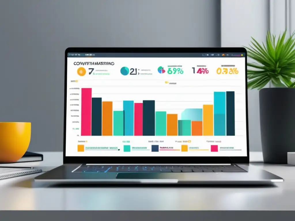 Laptop moderno con gráfico dinámico de marketing de afiliados Laptop moderno con gráfica dinámica que muestra técnicas clave para marketing de afiliados