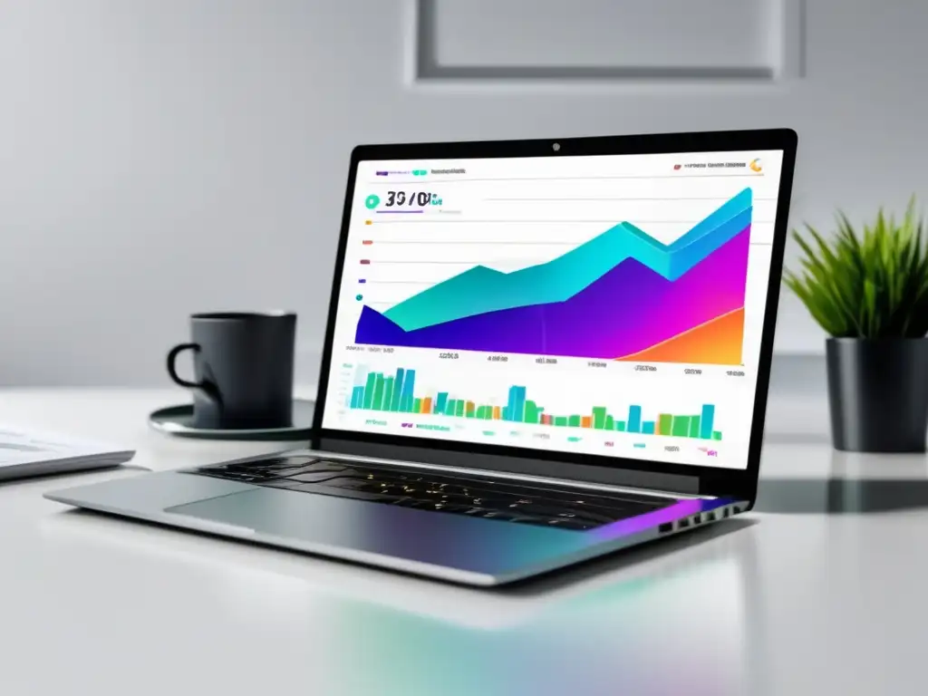 Laptop moderno con gráfica de ingresos pasivos Laptop moderno en escritorio blanco con infografía de ingresos pasivos y marketing de afiliados