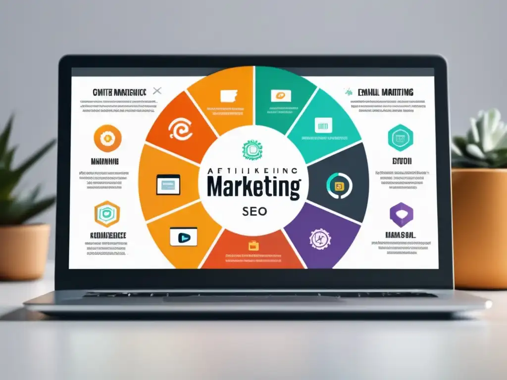 Laptop con infografía de estrategia de marketing de afiliados Laptop moderno con diseño minimalista y estrategia de marketing de afiliados