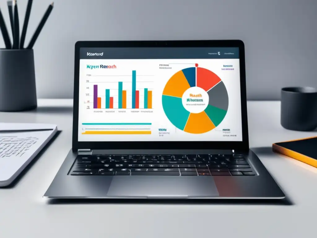 Laptop moderno en escritorio blanco Laptop moderno con herramienta de investigación de palabras clave y elementos de oficina, maximiza ingresos en marketing de afiliados