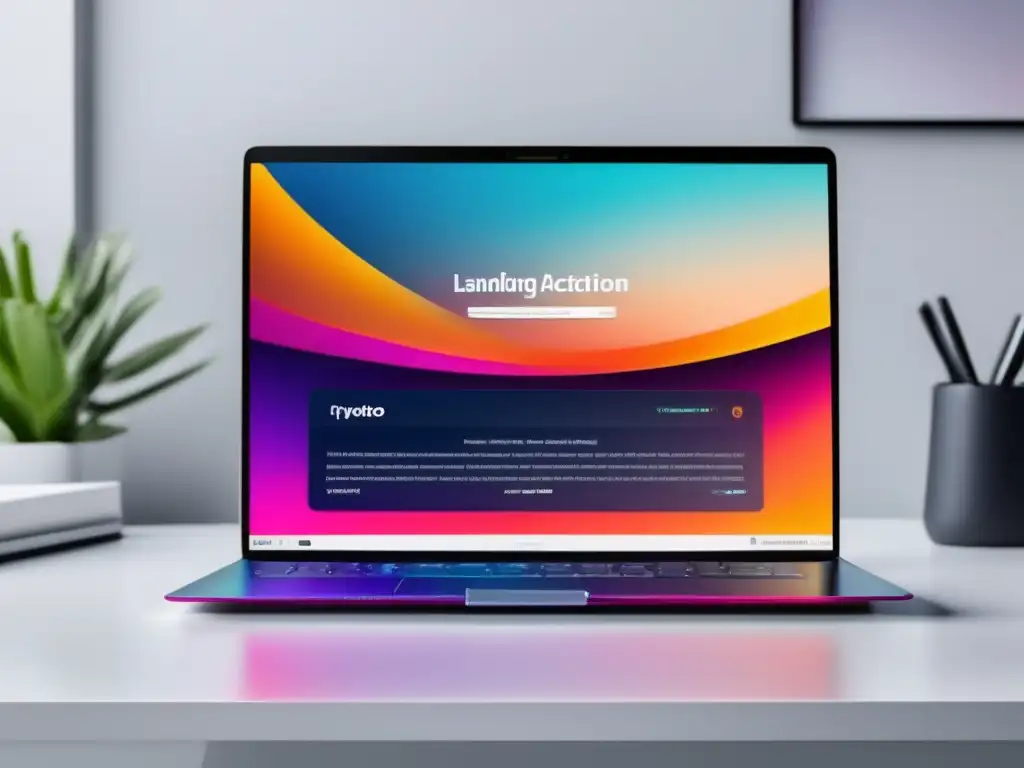 Laptop profesional con diseño de landing page Laptop moderno en escritorio blanco con página de inicio llamativa para marketing de afiliados