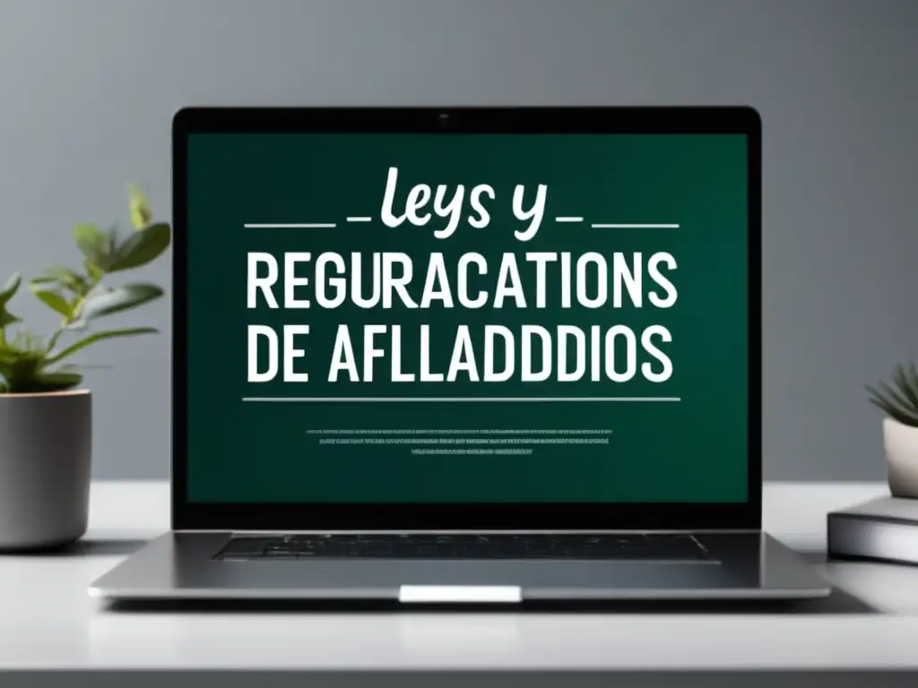Laptop y reglas de marketing de afiliados Laptop moderno en escritorio minimalista con página sobre leyes y regulaciones en marketing de afiliados
