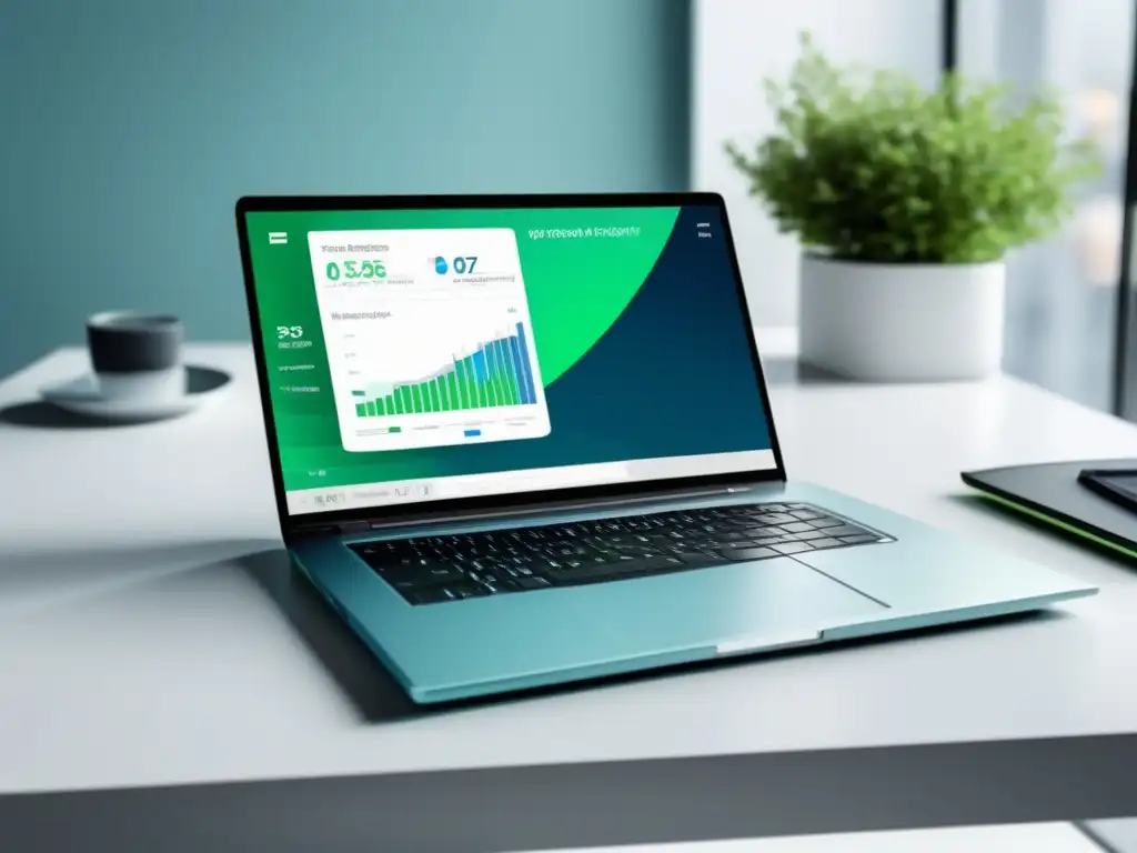 Laptop moderno con visualización de datos web Laptop moderno en escritorio blanco con visualización de datos de tráfico web y herramientas de marketing de afiliados